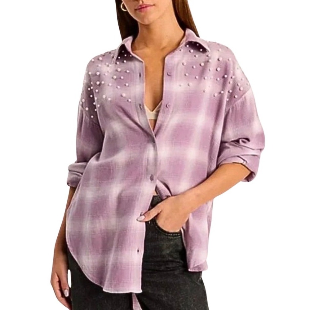 Express NWT Boyfriend Portofino Plaid Pearl Embellished Button Down Top Womens M